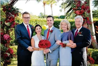  ?? CONTRIBUTE­D ?? David Miller (center) stands with his brother, Jake Miller (left); wife, Michele Miller; mother,
Jacqueline Miller; and father, David Miller, at his and Michele’s wedding on Nov. 1, 2014. After working summers as a teenager at his mother’s law firm,...