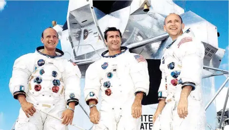  ??  ?? Portrait of the prime crew of the Apollo 12 lunar landing mission. From left to right: Commander Charles “Pete” Conrad Jr., command module pilot Richard F. Gordon Jr. and lunar module pilot Alan L. Bean. The Apollo 12 mission was the second lunar landing mission in which the third and fourth American astronauts set foot upon the moon. This mission was highlighte­d by the lunar module nicknamed “Intrepid” landing within a few hundred yards of a Surveyor probe that was sent to the moon in April 1967 on a mapping mission as a precursor to landing.