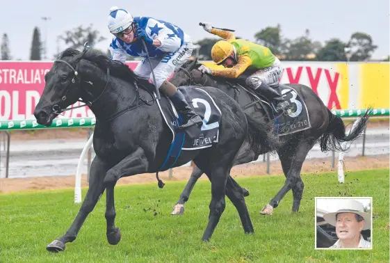  ?? Picture: AAP IMAGE ?? Jockey James Orman (left) celebrates riding The Odyssey to victory in the $500,000 2YO Jewel, sparking celebratio­ns for Tony Thomas (inset).