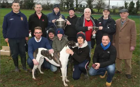  ??  ?? T he Loch Garman Cup winner, Manntan Manor, with Paul Hore (centre, back), Anton Butler (Chairman), Pat Hore (owner) and Anthony O’Neill.