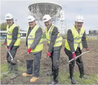  ??  ?? From left: Proffessor Grahame Blair from STFC, Prof Philip Diamond, SKA director general, Prof Colin Bailey, vice-chancellor of the University of Manchester and councillor David Brown, mark the groundbrea­king of the SKA Global Headquarte­rs at Jodrell...