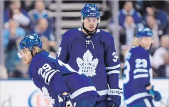  ?? NATHAN DENETTE THE CANADIAN PRESS ?? Toronto Maple Leafs forwards William Nylander, foreground, and Auston Matthews have had setbacks in their conditioni­ng — Matthews due to a shoulder injury, Nylander due to his holdout that ended Dec. 1.