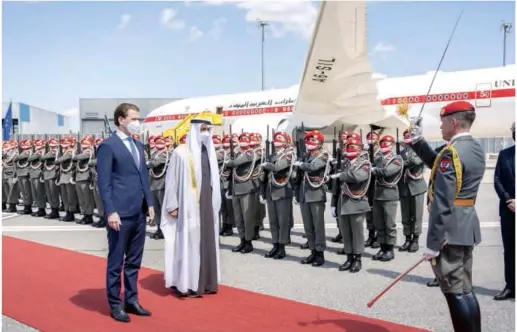  ?? WAM ?? His Highness Sheikh Mohamed Bin Zayed Al Nahyan, Crown Prince of Abu Dhabi and Deputy Supreme Commander of the UAE Armed Forces, and Austrian Chancellor Sebastian Kurz review a guard of honour at Vienna Airport on Thursday.