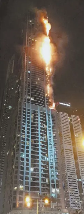  ?? PHOTO COURTESY OF NEWSCOM ?? TOWERING INFERNO: The upper floors of the 86-story residentia­l Torch Tower in Dubai were damaged in a fire early this morning. It’s the second time in two years that the tower caught fire.