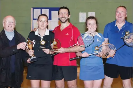  ??  ?? At the Listowel Badminton Club Tournament last Saturday Junior Griffin, Listowel Club, presented the Masters Cup to the winners of the competitio­n Linda Flynn, Listowel, and Adham Jaber, Melbourne Cork, with runners-up Susan O’Connell, Iveragh, and...