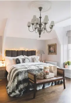  ??  ?? GUEST BEDROOM A plush velvet headboard lends a luxurious feel. For a similar seat, look at the Italian vintage leather brown bench, £607.60, turnbull &amp; thomas. the house, as well as the coach house and cottage in the grounds, is available to rent, heathfield­houseresid­ence.co.uk