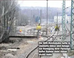 ??  ?? Die DDR-Reichsbahn hatte in Chemnitz-Glösa eine Anlage zur Reinigung ihrer Fernzüge. Außer Ruinen steht davon nichts mehr.