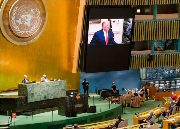  ?? AP ?? El presidente estadounid­ense, Donald Trump, habló este martes a la Asamblea General de la ONU por medio de un mensaje grabado.