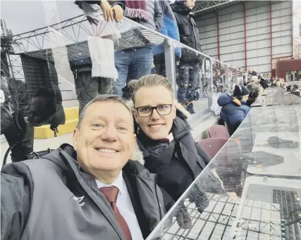  ??  ?? 0 Hearts stadium announcer Scott Wilson and his son Chris in position to gee up the home fans at Tynecastle.