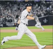  ?? DAVID J. PHILLIP / ASSOCIATED PRESS ?? The Yankees’ Todd Frazier celebrates his three-run homer in the second inning of Monday night’s Game 3 victory over the Astros in the ALCS at Yankee Stadium.