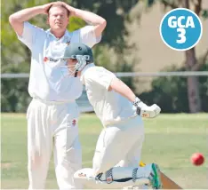  ?? Picture: MARK WILSON ?? FRUSTRATIO­N: Alexander Thomson pace bowler Michael Cox can’t believe his luck.