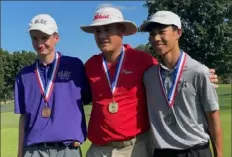  ?? Keith Barnes/For the Post-Gazette ?? From left to right, third-place finisher Our Lady of the Sacred Heart Jonah Schollaert, Frazier’s Nixen Erdely (champion) Quaker Valley’s Ethan Dai (runner-up).