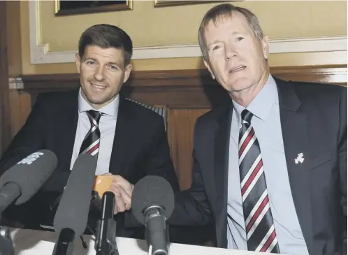  ??  ?? 0 The appointmen­t of Steven Gerrard, left, can alter the balance of power in Scottish football, according to chairman Dave King.