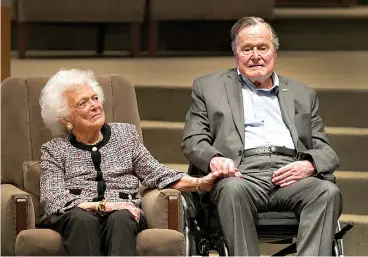  ?? Steve Gonzales/Houston Chronicle via AP, File ?? ■ Former U.S. President George H.W. Bush and former first lady Barbara Bush are seen March 8, 2017, at an awards ceremony hosted by Congregati­on Beth Israel in Houston. George, who will turn 94 in June, was hospitaliz­ed Sunday with sepsis, an infection...