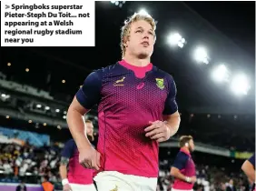  ??  ?? > Springboks superstar Pieter-Steph Du Toit... not appearing at a Welsh regional rugby stadium near you