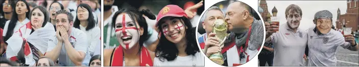  ??  ?? BIG MATCH: Above, from left, fans feel the tension in Millennium Square, Leeds; England fans at the Luzhniki Stadium, Moscow; England fans wearing Rodney and De lB oy masks pose in Red Square, Moscow. PICTURES: TONY JOHNSON GETTY IMAGES/PA.