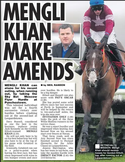  ??  ?? RETRIEVAL MISSION: Mengli Khan should recover losses for Gordon Elliott, top, after running out at Leopardsto­wn