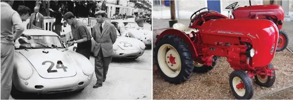  ??  ?? Left: Ferry Porsche in the Le Mans pits in 1956. Below: Porsche tractors are in production in the Dornier-zeppelin factory