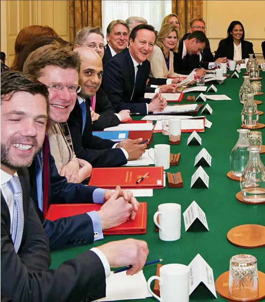  ??  ?? From left, Stephen Crabb, Mr Clark, Miss Villiers (hidden) Mr Javid, Mrs Morgan (hidden) Sir Jeremy Heywood, Mr Cameron, Mr Hammond, Mr Fallon (hidden) Justine Greening, Mr Hunt, Amber Rudd, David Mundell, Priti Patel, Anna Soubry, Matt Hancock, Oliver Letwin, Mr McLoughlin, Lady Stowell, Mr Grayling, Mrs May (hidden,) Mr Duncan Smith, Mr Gove, Liz Truss. Hidden: Mr Whittingda­le, Mark Harper, Greg Hands, Jeremy Wright