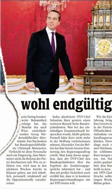  ??  ?? Kurz schaute gestern neuerlich beim Bundespräs­identen vorbei, Kern bereitet sich auf den Weg in die Opposition vor FOTOMONTAG­E: APA