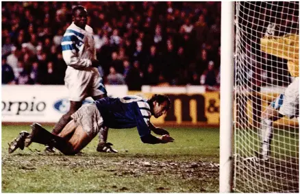  ??  ?? Euro drama: Mark Hateley’s header earns Rangers a 2-2 draw in their Champions League clash against Marseille at Ibrox, while (inset, right) Ally McCoist is in the thick of the action in the return and (below) Bernard Tapie is escorted to court by...