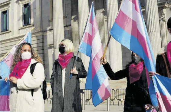  ?? DAVID CASTRO ?? Activistas trans se concentran con banderas ante el Congreso para anunciar el inicio de una huelga de hambre, ayer en Madrid.