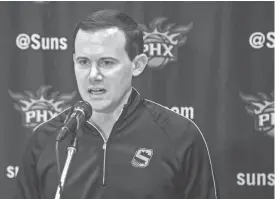  ?? TOM TINGLE/AZCENTRAL SPORTS ?? Suns General Manager Ryan McDonough takes questions during a season wrap up with the media at Talking Stick Resort Arena on Wednesday.