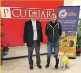  ??  ?? Denis Zammit Cutajar, a trustee of the P. Cutajar Foundation (left), having been introduced to guide dog puppy Dora by Malta Guide Dogs Foundation’s guide dog mobility instructor Luca Taliana