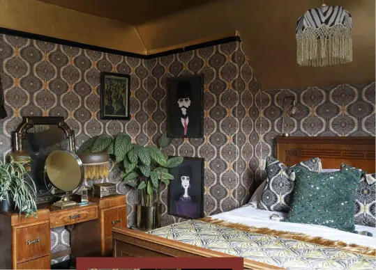  ??  ?? CLOCKWISE
FROM LEFT In the master bedroom, the ceiling and walls above the picture rail are painted a dull gold, its tone echoed in Anna’s Bibana wallpaper. All the furniture, the mirror and beaded lamps are from the 1940s; the prints to the left of the bed are by Seed of Memory Art. The lampshades and cushions are all by Anna; open stairs lead up to an as-yet unconverte­d loft space.