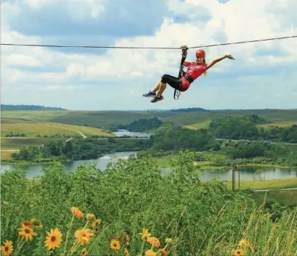  ?? CONTRIBUTE­D PHOTOS ?? ABOVE AND BELOW: Wild Zipline Safari in Southeast Ohio gives guests a birds-eye view as they zip over two lakes and two pastures at the 10,000-acre conservati­on facility in Cumberland.