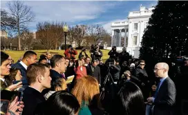  ?? ANDREW HARNIK / ASSOCIATED PRESS ?? Ian Sams, with the White House counsel’s office, speaks to reporters outside the West Wing of the White House on Wednesday after the FBI searched the president’s beach house in Rehoboth, Delaware.