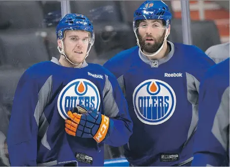  ?? GREG SOUTHAM ?? Connor McDavid, left, helped Oilers teammate Patrick Maroon pot 27 goals in 2016-17, and with Leon Draisaitl moving to a new line this season, it will be interestin­g to see who will win the opportunit­y to skate alongside McDavid and Maroon when the...