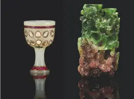  ??  ?? Fig 4 below left: Inlaid jade cup. With Samira Inc. Fig 5 below right: Rare ‘watermelon’ tourmaline carved vase