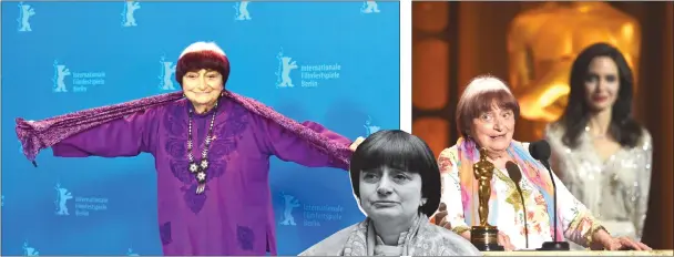  ?? — AFP photo ?? Varda poses during a photocall for the film ‘Varda by Agnes’ (Varda par Agnes) at the 69th Berlinale film festival last Feb 13 in Berlin. (Inset right) Varda in a photo taken on Jan 17, 1986. Director Varda, winner of the Oscars Honorary Award presented by Angelina Jolie. (Below) A man lays flowers in front of the house of the late Varda.