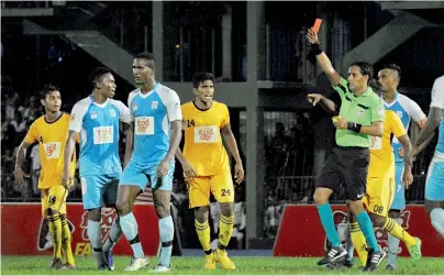  ??  ?? Red Card, the worst penalty for any football player, is on its way to present FFSL administra­tors according to how things are taking place - File pic