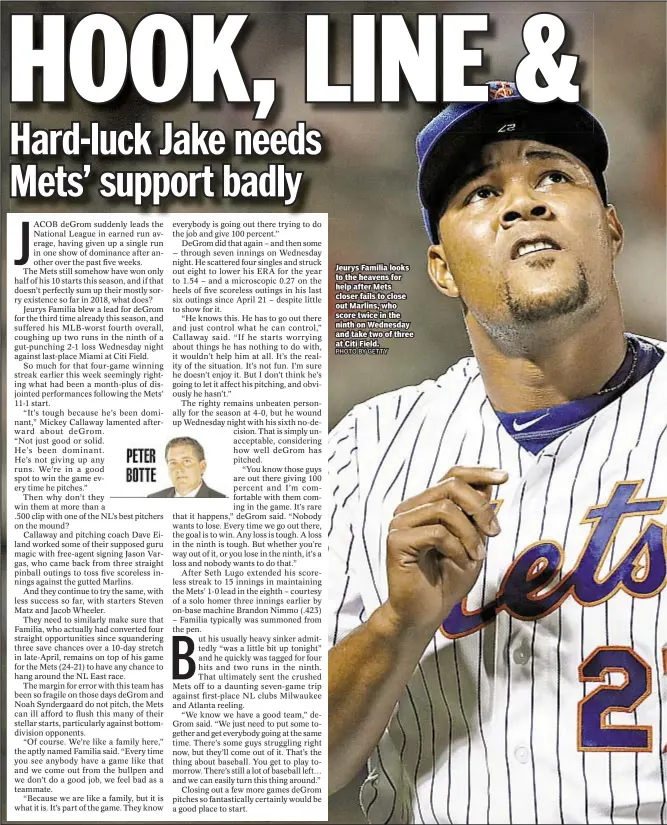  ?? PHOTO BY GETTY ?? Jeurys Familia looks to the heavens for help after Mets closer fails to close out Marlins, who score twice in the ninth on Wednesday and take two of three at Citi Field.