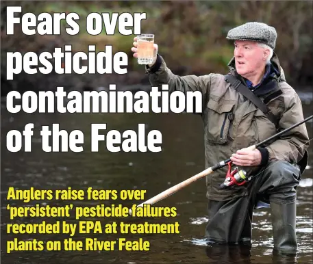  ?? Photos by Domnick Walsh ?? PRO of the Mountcolli­ns-Brosna Anglers’ Associatio­n Brendan Danaher raising a glass of Feale water, highlighti­ng the current concerns and, below,one of the treatment plants referenced in the EPA’s audit – Abbeyfeale.