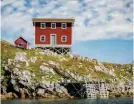  ??  ?? A renovated summer cabin in Little Fogo Islands (below); Fogo Island Inn and a pink version of the “get-your-feet-up” chair in a guest room (right)