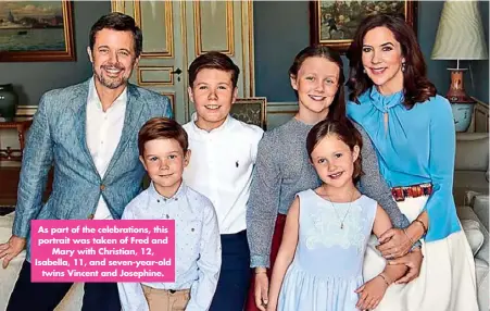  ??  ?? As part of the celebratio­ns, this portrait was taken of Fred and Mary with Christian, 12, Isabella, 11, and seven-year-old twins Vincent and Josephine.