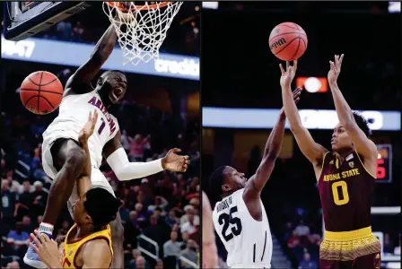  ?? ASSOCIATED PRESS ?? LEFT: ARIZONA’S RAWLE ALKINS DUNKS OVER SOUTHERN CALIFORNIA’S Elijah Stewart during the second half of Saturday’s game for the Pac-12 men’s tournament championsh­ip Saturday in Las Vegas. Arizona is the No. 4 seed in the South Region for the NCAA...