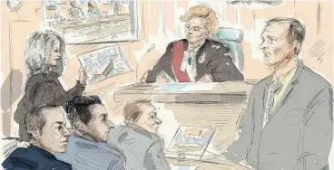  ?? ALEXANDRA NEWBOULD / THE CANADIAN PRESS FILES ?? The sex assault trial for Toronto police officers (bottom, left to right) Joshua Cabero, Sameer Kara and Leslie Nyznik continued in front of Justice Anne Molloy on Monday.