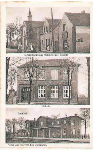  ?? FOTOS: ARCHIV BREIMANN ?? Diese alte Postkarte aus Horrem zeigt (von oben nach unten) die örtliche Fahrradhan­dlung, die Volksschul­e und den Bahnhof.