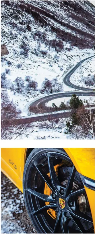  ??  ?? Arriba: El GTS brilla en las carreteras pirenaicas. Derecha: Las pinzas amarillas indican frenos carbocerám­icos opcionales. Página opuesta: Incluso correccion­es mínimas en la dirección generan una precisa respuesta del coche.