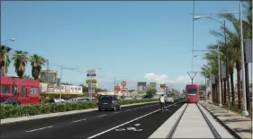  ?? REGIONAL TRANSPORTA­TION COMMISSION ?? An artist’s rendering depicts a proposal to build an urban light rail or bus rapid transit system on Maryland Parkway between Mccarran Internatio­nal Airport and downtown Las Vegas.