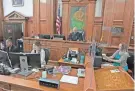  ?? MIKE DE SISTI / JOURNAL SENTINEL ?? Judge Christophe­r Dee, upper center, presides with Cassandra Hall, far right, an official stenograph­ic court reporter; and Paris Smith, far left, and Minette Knotts, both deputy court clerks, in Milwaukee.