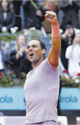  ?? Juanjo Martín / Efe ?? Nadal celebra su victoria ante Cachín, ayer en Madrid.