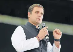  ?? HT ?? ▪ Congress president Rahul Gandhi addresses a public meeting at the Dubai Internatio­nal Cricket Stadium during his tour to the United Arab Emirates.