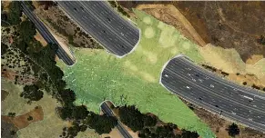  ?? AP ?? An artist’s impression of the planned wildlife crossing over US Highway 101 in Agoura Hills, California.