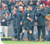  ??  ?? Wolves boss Nuno Espirito Santo is sent off