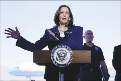  ?? ASSOCIATED PRESS FILES ?? Vice President Kamala Harris talks to the media, last year, after her tour of the US Customs and Border Protection Central Processing Center in El Paso, Texas. The Democratic Party is bracing for another round of introspect­ion about its future after next week’s general election, as well as that of Harris.